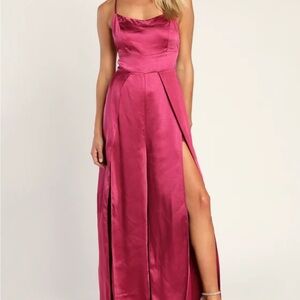 Lulus Passionate and Perfect Hot Pink Satin Split-Leg Jumpsuit